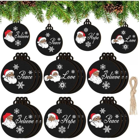 African American Christmas Tree Ornament Wooden Black Santa (Black,12 Pcs) - Picture 1 of 7